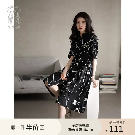 妮狄娅睡衣睡裙女夏季纯棉短袖翻领开衫宽松娃娃裙时尚外穿家居服图片