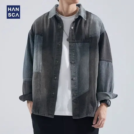 hansca复古牛仔衬衫男长袖秋季新款潮牌痞帅宽松拼接休闲衬衣外套图片