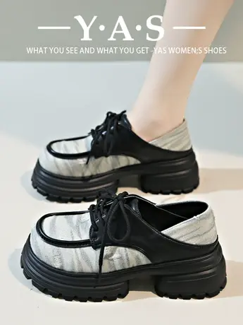 牛仔布英伦风小皮鞋女2024秋冬新款小个子厚底增高粗跟乐福鞋单鞋商品大图