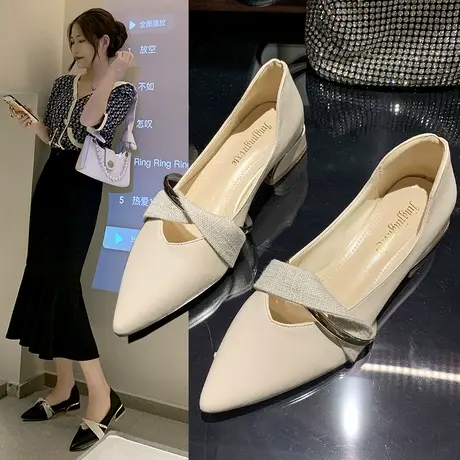 尖头单鞋女2023秋冬新款低跟小香风浅口文艺软皮一脚蹬通勤工作鞋商品大图