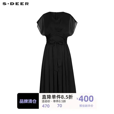 sdeer圣迪奥女装V领拼接收腰雪纺短袖连衣裙S232Z12PR图片