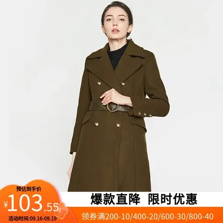 艾格冬装女装韩版纯色中长款腰带休闲毛呢大衣修身外套Y285商品大图