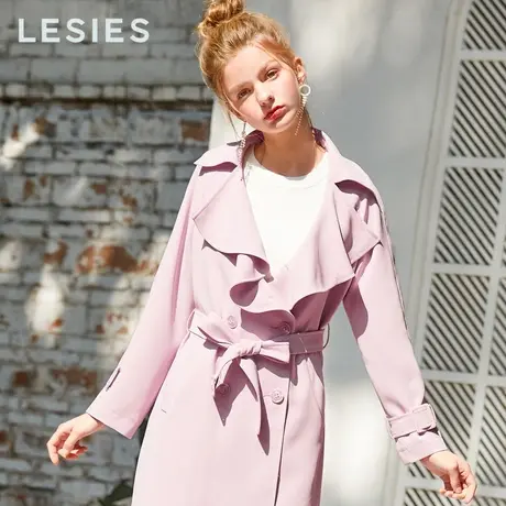 蓝色倾情春夏季女装新款 长款风衣外套过膝粉色系带修身长袖风衣图片