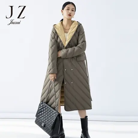 JZ玖姿2022冬季新款休闲宽松连帽中长羽绒服腰带款商品大图