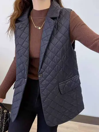 网红爆款棉马甲女2023秋冬季新款气质西服领菱形格子显瘦夹棉马夹图片