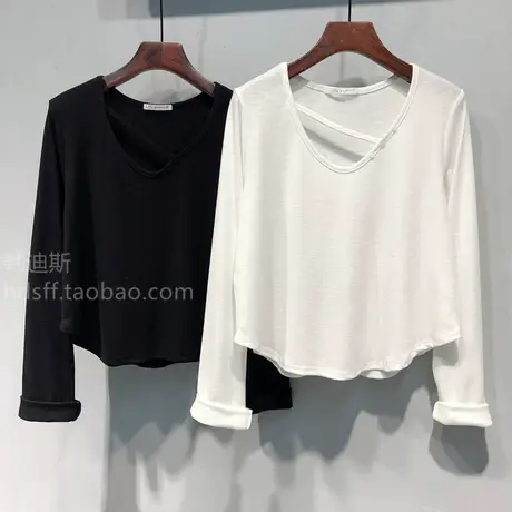 23秋装韩国ulzzang新款纯色领口斜杠U领漏锁骨短款长袖T恤上衣女商品大图