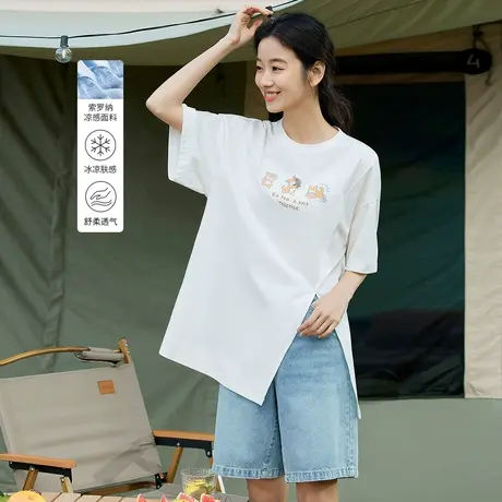 茵曼2023夏季女装新款休闲时尚绣花圆领宽松舒适遮肉落肩短袖T恤商品大图