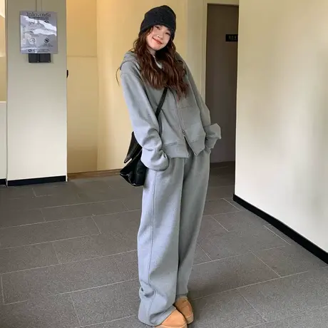 尔给秋冬加绒加厚连帽卫衣套装女宽松慵懒风高腰直筒卫裤两件套商品大图