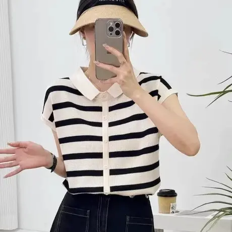 夏天薄款设计感条纹针织冰丝短袖t恤上衣女2025新款夏季爆款洋气商品大图