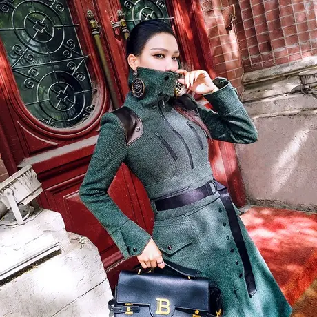 VJE女士英伦风军绿色毛呢外套中长款秋冬新款气质翻领呢大衣商品大图