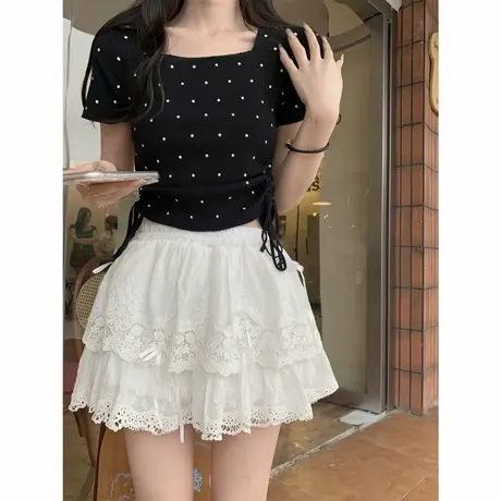 设计感小众抽绳波点方领正肩短袖t恤女修身短款打底衫上衣夏季商品大图