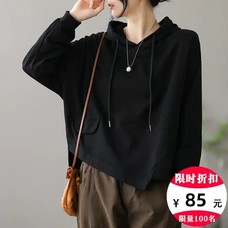 dza 休闲帽衫女士连帽套头卫衣春秋季新款百搭短款外套不规则上衣图片
