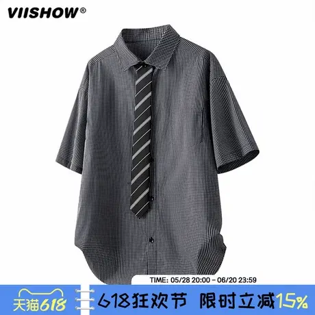 VIISHOW夏季粉色竖条纹短袖衬衫男复古潮牌宽松情侣休闲百搭衬衣图片