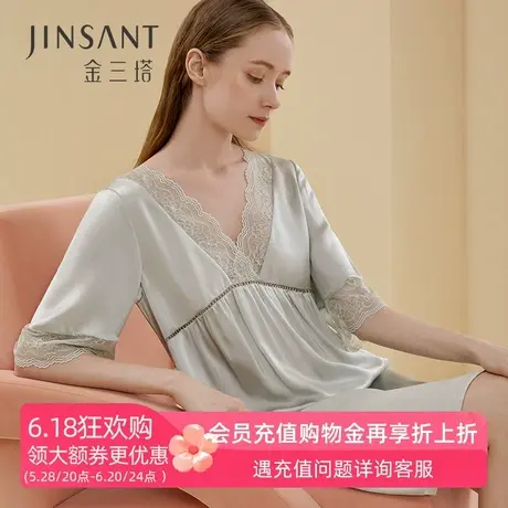 金三塔真丝睡裙女夏天蕾丝短袖100%桑蚕丝性感可外穿睡衣家居服图片