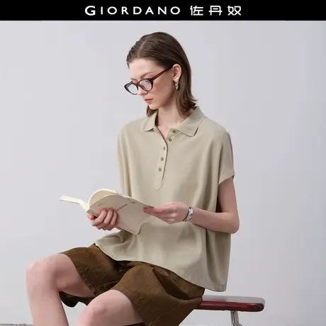 设计师款佐丹奴短袖Polo衫女纯棉提花翻领蝙蝠袖宽松上衣18315902图片