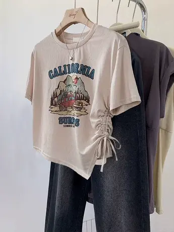 美式正肩女t恤2023夏季新款抽绳高级感短袖ins潮胖mm短款大码上衣商品大图