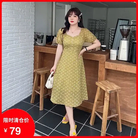 绮娑大码连衣裙2023年夏装新款赫本风方领高腰显瘦胖妹妹气质长裙商品大图