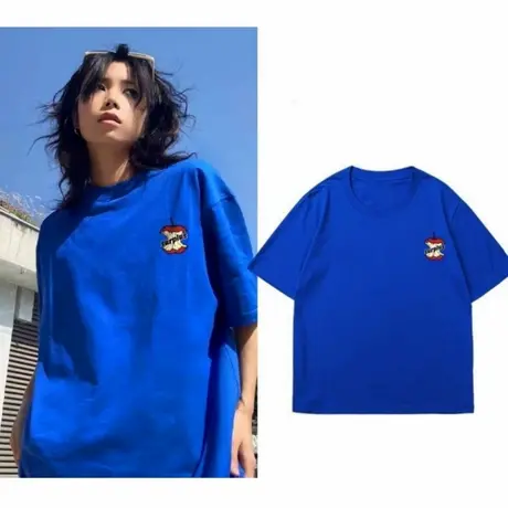潮牌纯棉街头小众宽松蓝色短袖t恤女bf风大码落肩半袖夏季上衣ins图片