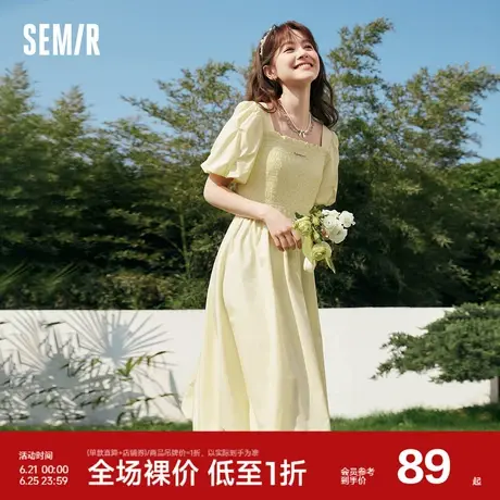 森马连衣裙女泡泡袖木耳边温柔可爱夏季多巴胺穿搭裙子百搭新款图片