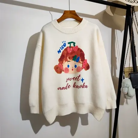 卡通针织衫上衣女2023秋冬新款圆领慵懒风可爱减龄毛衣宽松外穿潮商品大图