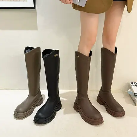 英伦风长筒靴女2023春秋季新款法式复古时尚瘦瘦靴粗跟高跟骑士靴图片