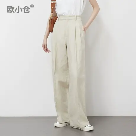 欧小仓凉皮系列冰爽棉麻双褶宽松拖地阔腿裤松弛感出街薄款宽腿裤图片