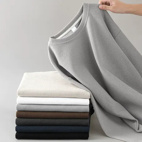 华夫格卫衣男摇粒绒纯色无帽套头春秋冬保暖加绒加厚圆领长袖t恤商品大图