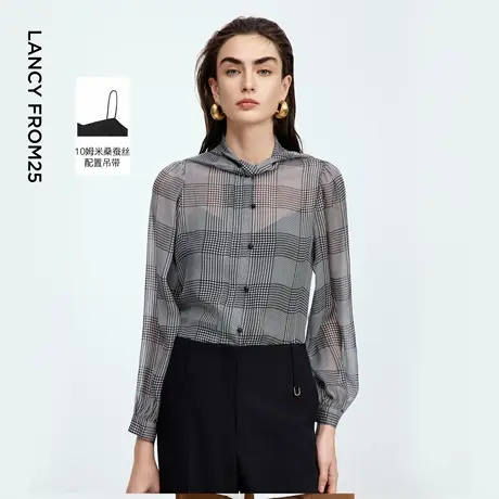 朗姿桑蚕丝飘带格纹复古衬衫气质设计感通勤上衣女2025年秋季新款图片
