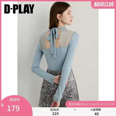 DPLAY2025年秋季新款蓝色t恤女蕾丝拼接镂空设计修身长袖上衣商品大图