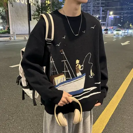【货调回唯品】男生毛衣黑色长袖针织上衣趣味图案提花韩版毛衫图片