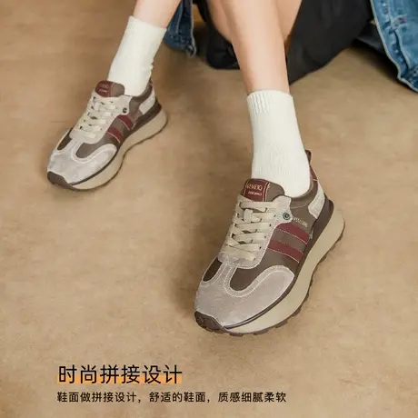 戈美其2024新款冬季女交叉绑带百搭休闲板鞋子真皮平底绒面德训鞋图片