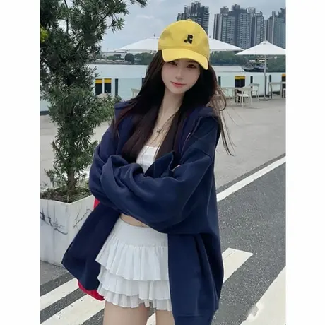 卫衣女士早秋季2025新款宽松韩系独特慵懒风薄款开衫拉链连帽外套商品大图