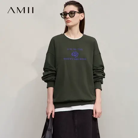 Amii2025秋新款极简休闲运动风落肩袖绣花印花宽松弹力棉卫衣女商品大图