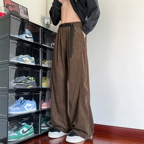 裤子男春秋季2025新款腰带设计灯芯绒褶皱拼接长裤美式大码休闲裤商品大图