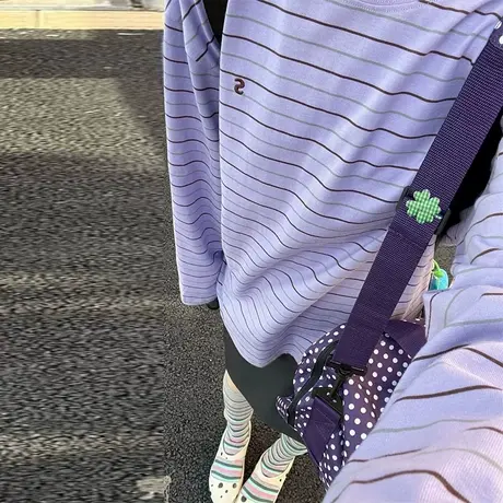韩系甜美风条纹长袖T恤女春秋季韩版宽松内搭打底衫外穿纯棉上衣商品大图