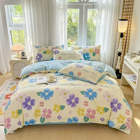 2026直播热款A类全棉纯棉印花床单床笠款四件套喷气清新简约图片