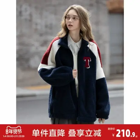 唐狮秋冬季仿羊羔毛外套女士休闲时尚女立领撞色拼接短款外套冬季商品大图