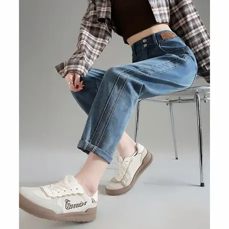 唐狮春季新款高腰牛仔裤女宽松直筒哈伦裤显瘦复古水洗潮流裤子TD图片