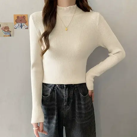 唐狮中领木耳边长袖内搭打底衫女新款春秋季白色拼接毛针织衫TE图片