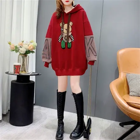 中长款加绒加厚连帽卫衣女秋冬2022年新款宽松设计感刺绣小熊外套商品大图