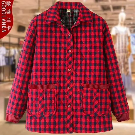 大码中老年妈妈冬季加厚棉袄宽松洋气棉衣妈妈装格子保暖棉服外套商品大图