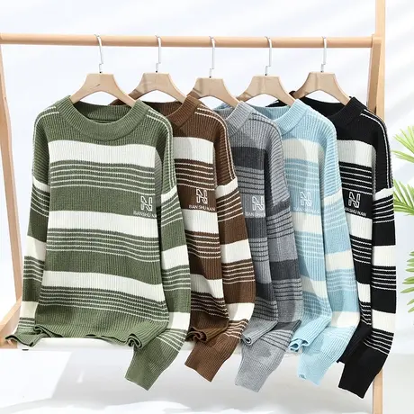 条纹毛衣男冬季新款高级感慵懒风痞帅套头针织衫青少年宽松毛线衣商品大图