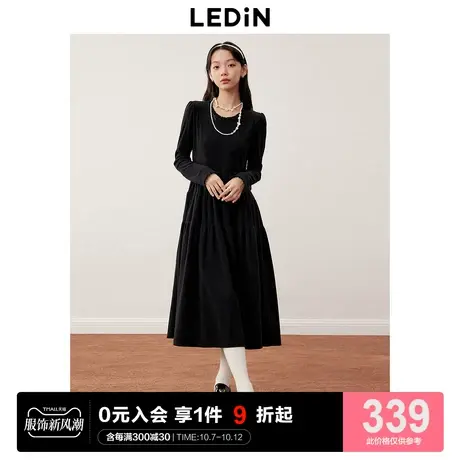 乐町赫本风法式连衣裙2023年秋冬新款甜美气质经典圆领A字长裙女图片