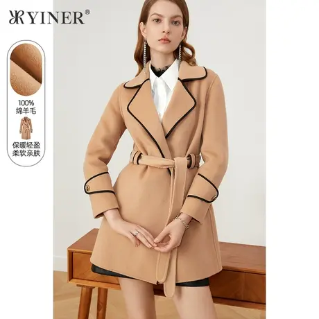 YINER音儿女装2021冬季新款翻驳领纯羊毛双面呢大衣图片