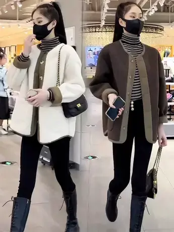 羊羔毛外套女新款2023秋冬季宽松名媛复古高级感加厚棒球服上衣潮商品大图