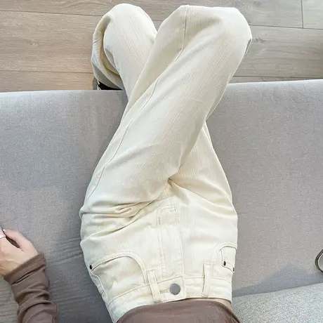 白色阔腿牛仔裤女秋冬新款高腰显瘦加绒加厚保暖宽松直筒拖地长裤商品大图