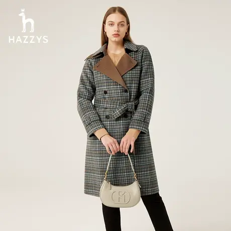 【商场同款】Hazzys哈吉斯宽松羊毛风衣式大衣女新款秋冬毛呢外套图片