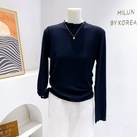 高级感小香风羊绒打底~秋冬新款珍珠半高领木耳边正肩长袖T恤上衣商品大图