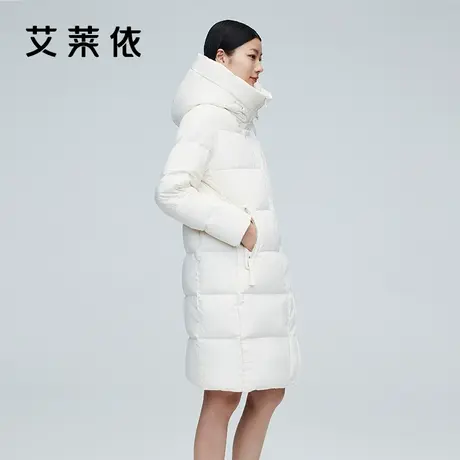 艾莱依新品冬装羽绒服女白鸭绒中长款大牌高端白色连帽外套图片