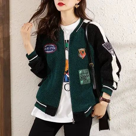 羊羔毛棒球服外套女秋冬季新款宽松加大码女装胖妈妈休闲夹克上衣商品大图